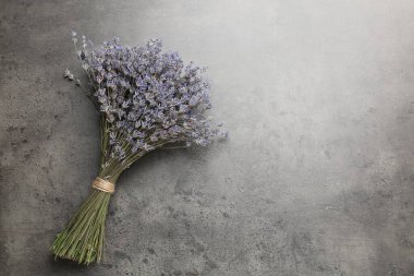Gri masanın üstünde bir demet aromatik lavanta çiçeği, üst manzara. Metin için boşluk