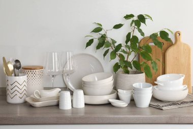 Farklı beyaz bulaşık takımları, ahşap kesim tahtaları, bardaklar, çatal bıçak takımı ve mutfak tezgahında ev bitkisi.
