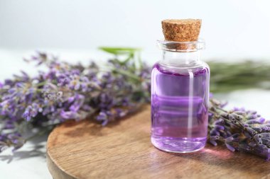 Aromatik yağ şişede ve lavanta çiçekleri beyaz masada açık gri arka planda, yakın plan