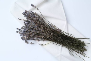 Beyaz arka planda bir demet hoş kokulu lavanta çiçeği.