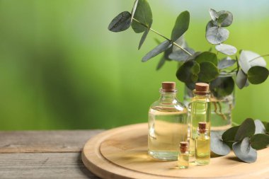 Açık havada, ahşap masa üzerinde gerekli yağlar ve okaliptüs dalları, yakın plan. Metin için boşluk