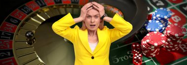 Duygusal kumarbaz, kumarhane fişleri, zar ve rulet. Pankart tasarımı