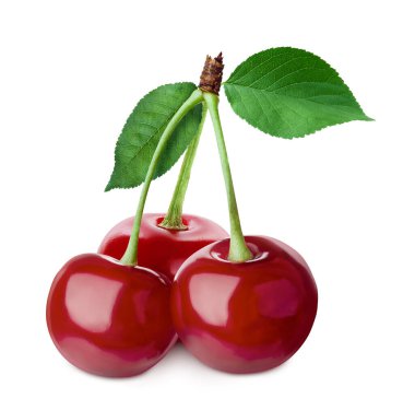Beyaza izole edilmiş kırmızı kirazlar. Yaz meyvesi