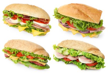 Birçok lezzetli sandviç beyaz sette izole edilmiş.