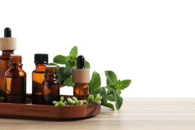 Beyaz arka plana karşı ahşap masa üzerinde gerekli yağlar ve farklı otlar.