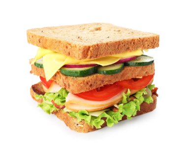 Jambonlu, pastırmalı, peynirli ve sebzeli lezzetli sandviç.