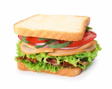 Jambonlu, pastırmalı ve sebzeli lezzetli sandviç.