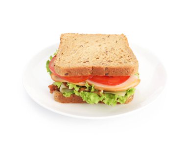 Jambonlu, pastırmalı, peynirli ve sebzeli lezzetli sandviç.