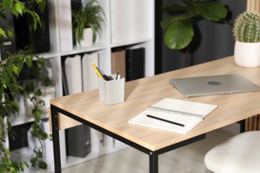 Ofisinde dizüstü bilgisayarı, kırtasiyesi ve çiçek dekoru olan şık bir iş yeri. Biyofilik iç tasarım