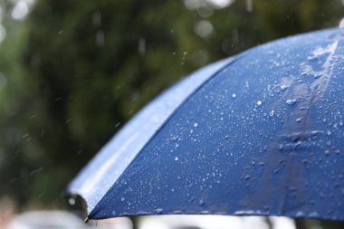 Sağanak yağmur altında mavi şemsiye, yakın çekim.