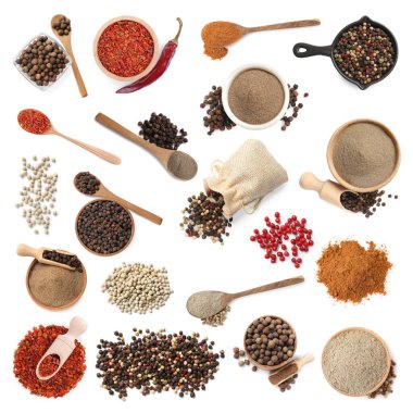 Farklı biber türleri, set. Beyaz üzerine izole baharatlar, üst görünüm