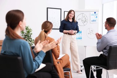 İş koçu ofisteki bir grup insana sunum yapıyor.