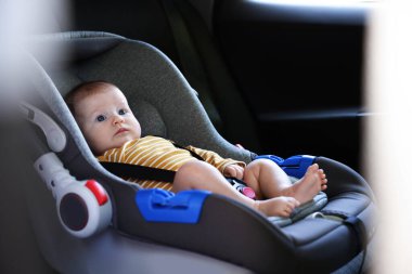 Bebek koltuğuna bağlanmış şirin bir bebek.