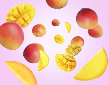 Havada dönen tatlı mango meyveleri pembe eğimli arka planda