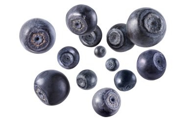 Taze olgun yaban mersinleri beyaz arka planda havada dönüyor.