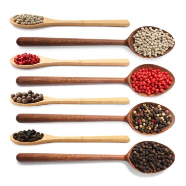 Farklı biber türleri, set. Beyazda izole edilmiş baharatlar