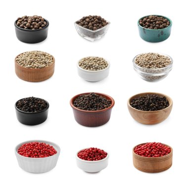 Farklı biber türleri, set. Beyazda izole edilmiş baharatlar