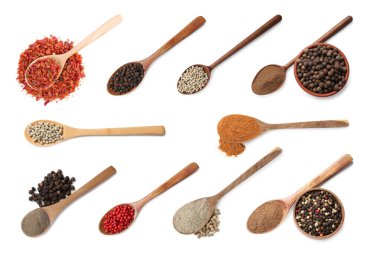 Farklı biber türleri, set. Beyaz üzerine izole baharatlar, üst görünüm