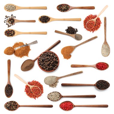 Farklı biber türleri, set. Beyaz üzerine izole baharatlar, üst görünüm