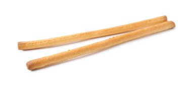 İki lezzetli Grissini çubuğu beyaza izole edilmiş.