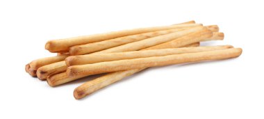 Bir sürü lezzetli Grissini çubuğu beyazda izole edilmiş