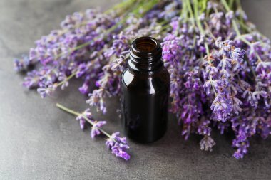 Aromatik esans yağı açık şişede ve lavanta çiçekleri gri desenli masada, yakın plan.