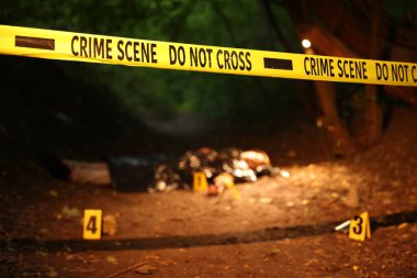 Adli tıp uzmanlığı. Cesedin bulunduğu suç mahalli ve dışarıdaki işaretler, polis bandına odaklan.