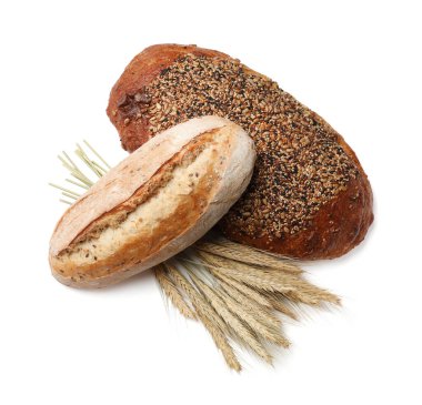 Somunlar taze ekmek ve dikenler beyaz arka planda, üst manzara