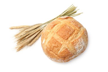Bir somun taze ekmek ve dikenler beyaz, üst manzara izole