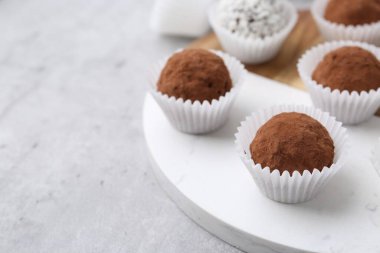 Açık gri masada kakao tozu ve hindistan cevizi gevreği ile nefis ev yapımı şekerler, yakın plan. Metin için boşluk