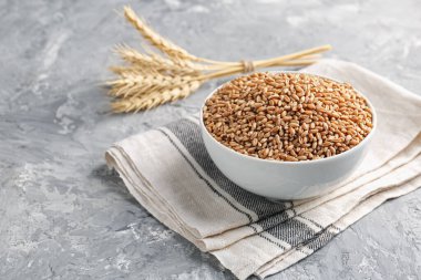 Kasede buğday taneleri ve gri masada çiviler, yakın plan. Metin için boşluk