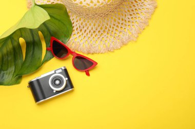 Yaz tatili zamanı. Kamera, güneş gözlüğü, hasır şapka ve sarı arka planda yeşil yaprak. Metin için boşluk
