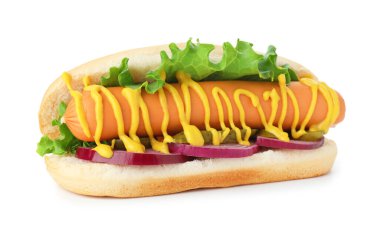 Turşulu, marullu, soğanlı ve hardallı leziz sosisli sandviç.