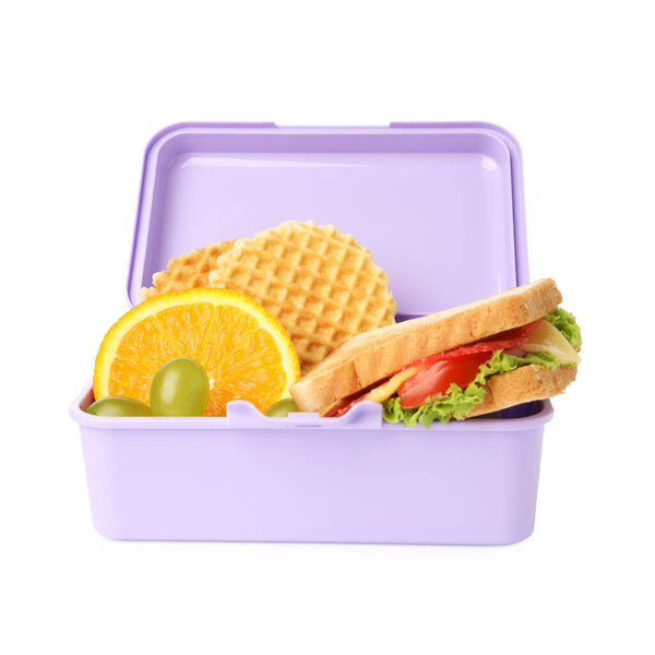 Открытая коробка с вкусной едой, изолированной на белом