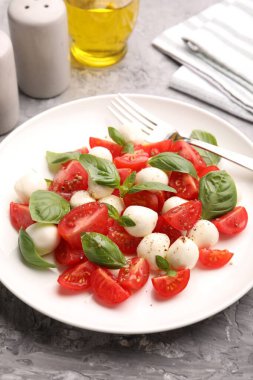 Mozarella, domates, fesleğen ve baharatlı lezzetli salata Caprese, yakın plan.