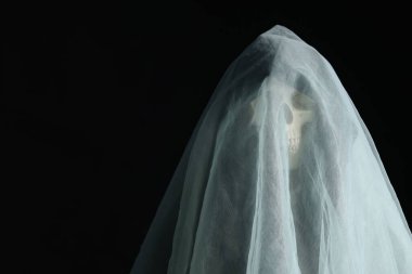 Ürkütücü hayalet. Siyah arkaplan üzerine beyaz sayfa ile kaplı iskelet, metin için boşluk