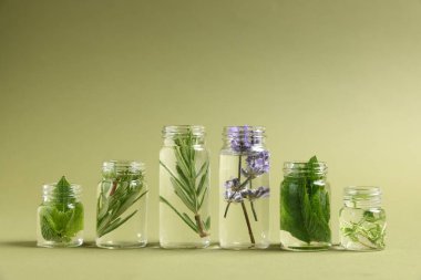 Yeşil zemin üzerinde farklı bitkiler bulunan temel yağlar