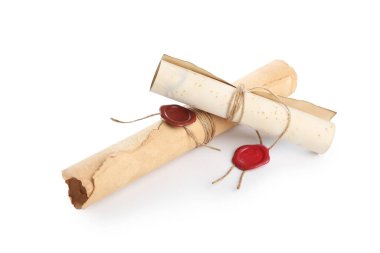 Beyaz üzerine izole edilmiş eski rulo kağıt parşömenleri