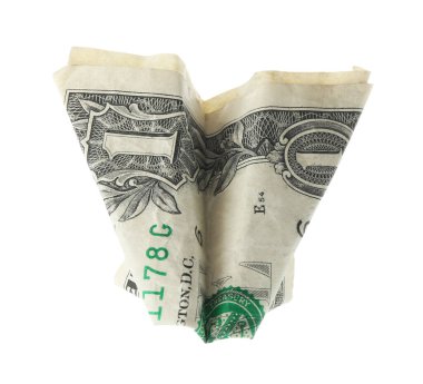 Dolar banknotundan yapılmış uçak beyaz, üst görünümde izole.