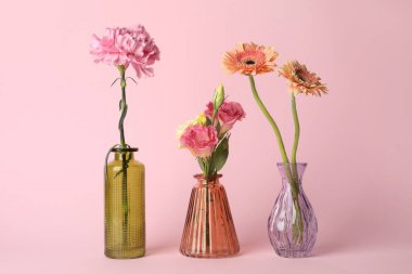 Pembe arka planda cam vazolarda güzel çiçekler