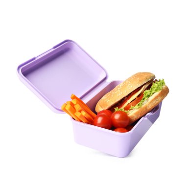 Beslenme çantasını aç. Lezzetli yemekler beyaz üzerine izole edilmiş.