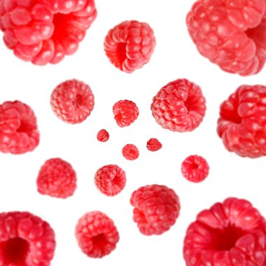 Beyaz arka planda havada dönen taze ahududular.