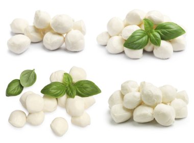 Beyaz fesleğen yapraklı Mozzarella peynir topları, kolaj.