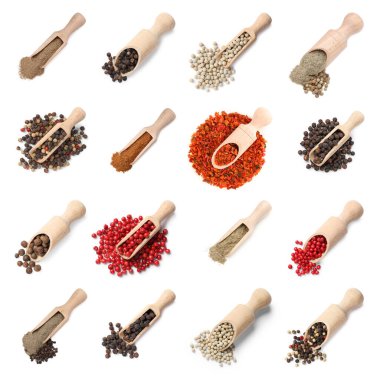 Farklı biber türleri, set. Beyaz üzerine izole baharatlar, üst görünüm