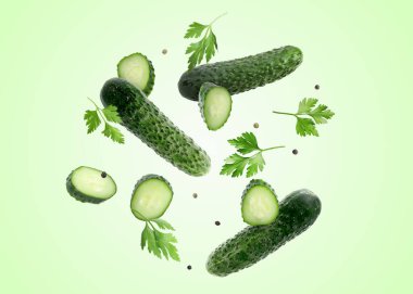 Taze salatalıklar, maydanoz ve açık yeşil arka plana düşen biberler.