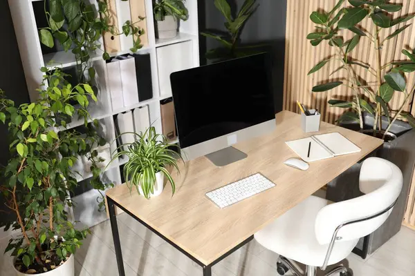 Modern bilgisayarı, kırtasiyesi ve çiçek dekoru olan şık bir iş yeri. Biyofilik iç tasarım
