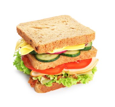 Jambonlu, pastırmalı, peynirli ve sebzeli lezzetli sandviç.