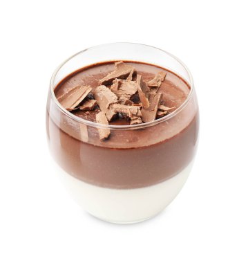 Lezzetli panna cotta, beyaz camlı çikolata parçaları.