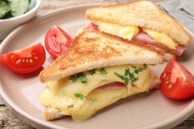 Eritilmiş peynirli, jambonlu ve domatesli lezzetli sandviçler, yakın plan.