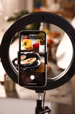 Stüdyoda lezzetli kızarmış balık ve akıllı telefonlu malzemeler çekmek, seçici odaklanma. Profesyonel yemek fotoğrafçılığı.